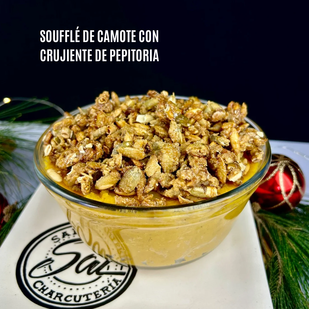 Soufflé de camote con crujiente de pepitoria